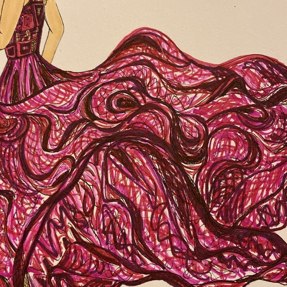 Unframed Original Art Drawing Fashionable Lady in Flowing Dress & Heel AB Artist - Picture 4 of 5